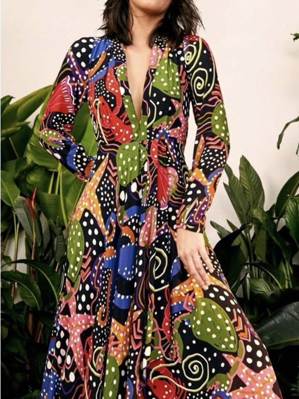 FARM Rio Under the Sea long sleeve v-neck ruffle Maxi Dress